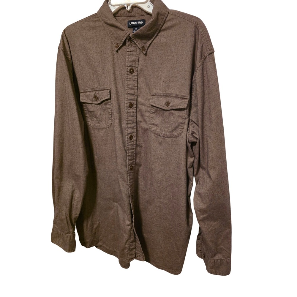 Lands End Mens XL Traditional Fit Brown Heathered Button Down Flannel Shirt